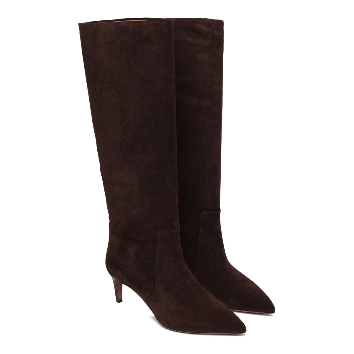 Brown Suede Knee-High Boots.