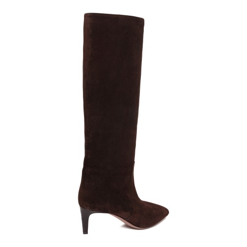 Brown Suede Knee-High Boots.