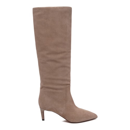 Taupe Suede Knee-High Boots.