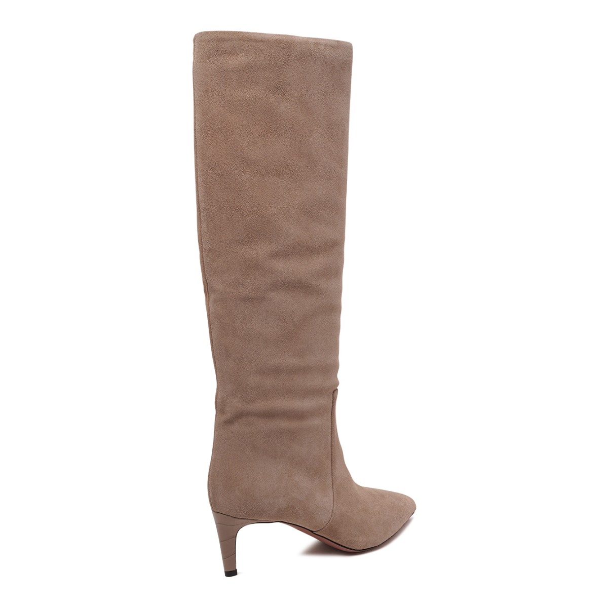 Taupe Suede Knee-High Boots.
