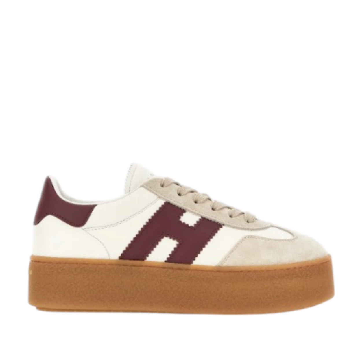 White and Burgundy Platform Sneakers.