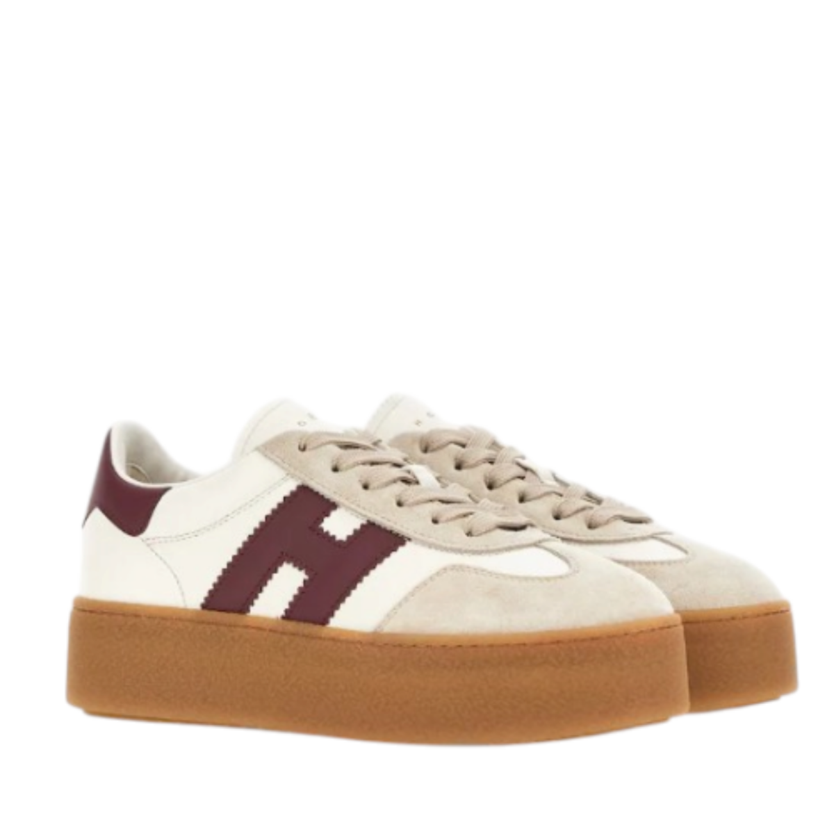 White and Burgundy Platform Sneakers.