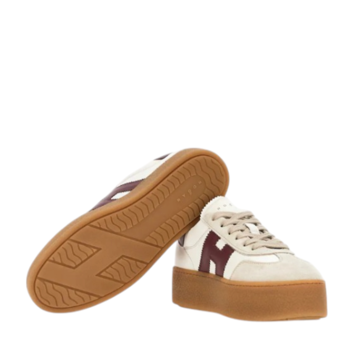 White and Burgundy Platform Sneakers.
