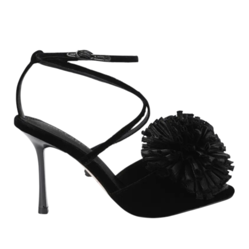 Black Floral High-Heel Sandals.