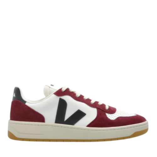 White and Burgundy Leather Sneakers.