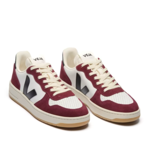 White and Burgundy Leather Sneakers.