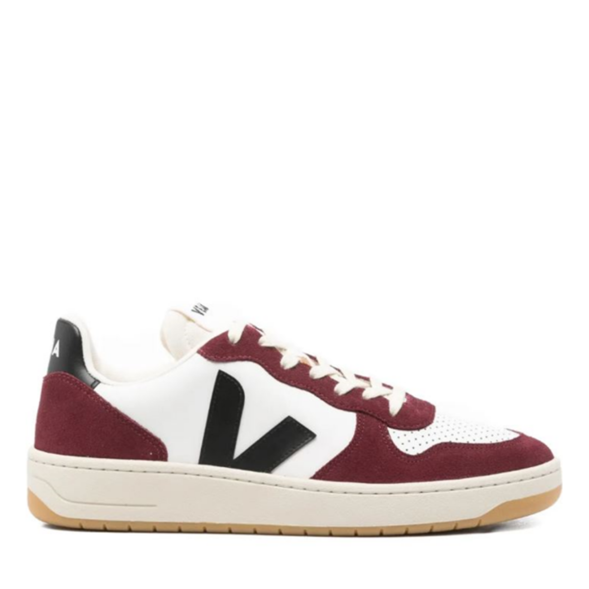 White and Burgundy Leather Sneakers.