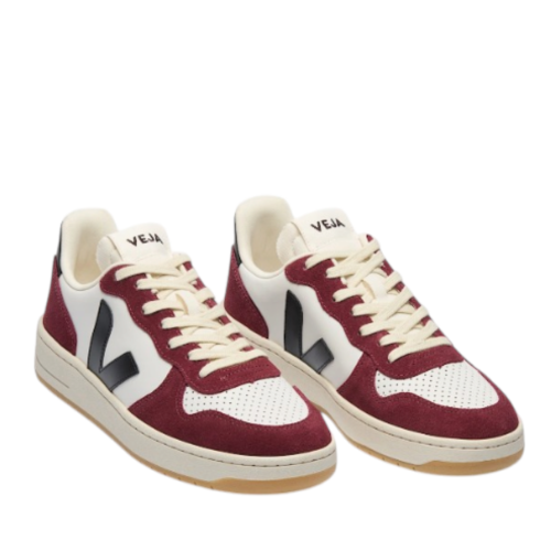White and Burgundy Leather Sneakers.