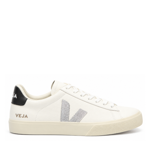 White Leather Sneakers with Grey V Logo.