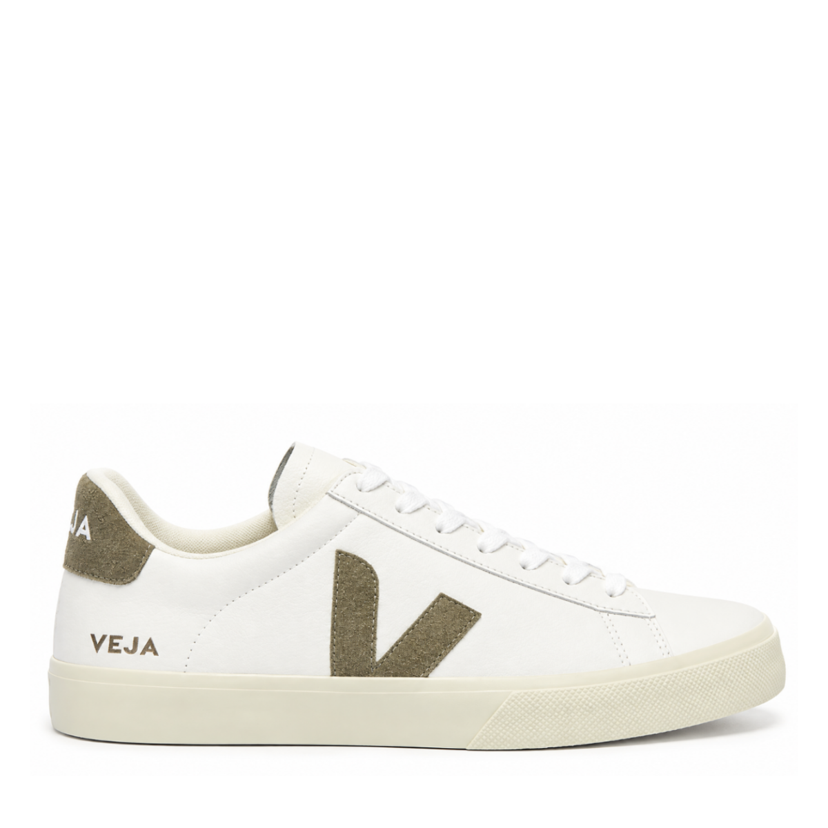 White Leather Sneakers with Khaki V Logo.