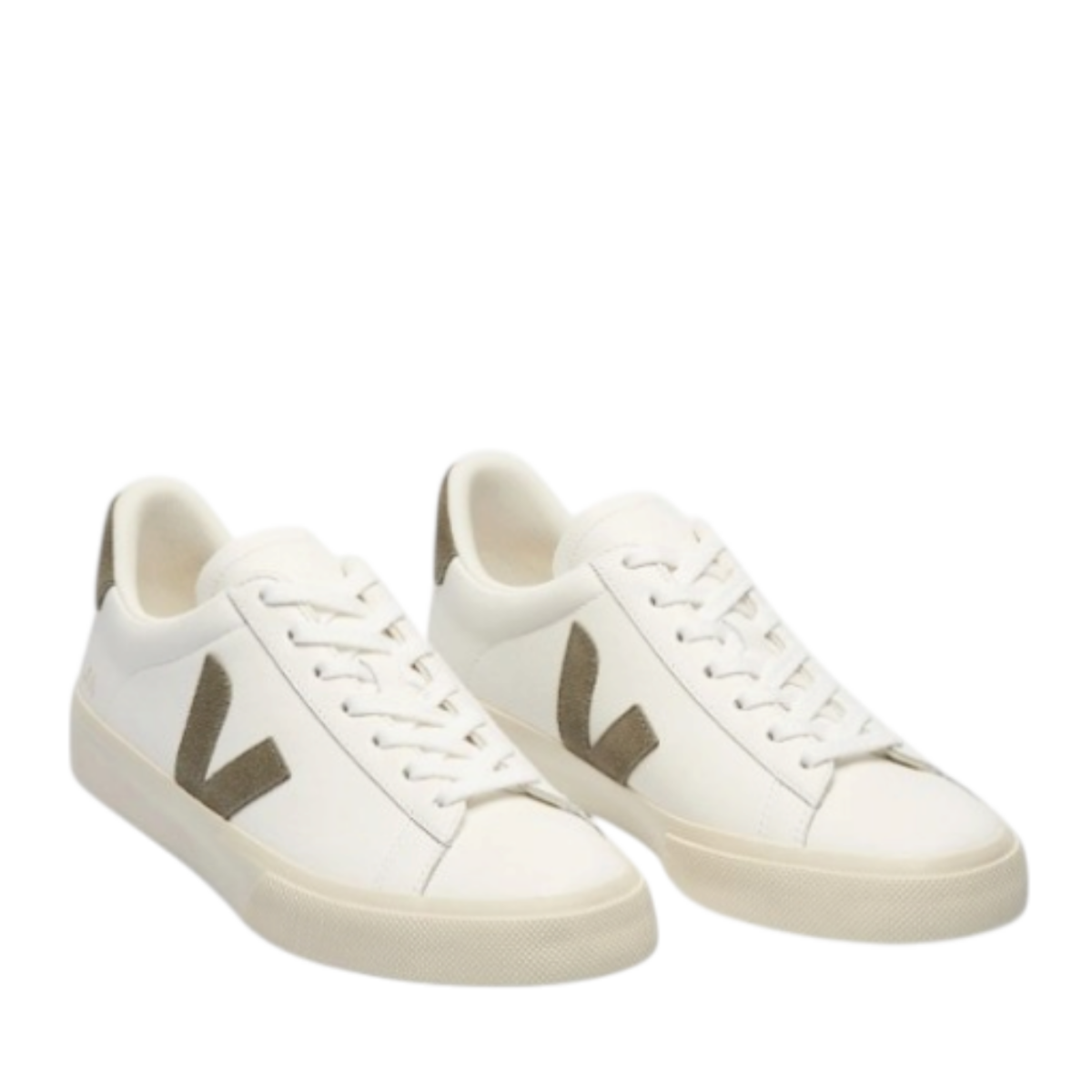White Leather Sneakers with Khaki V Logo.