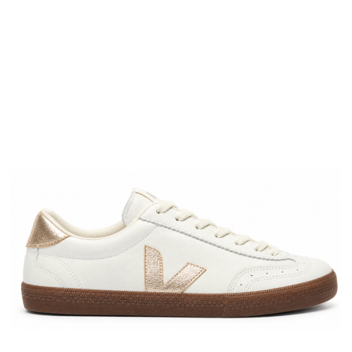 White Leather Sneakers with Beige V Logo.