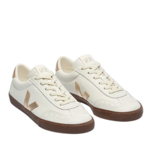 White Leather Sneakers with Beige V Logo. 2
