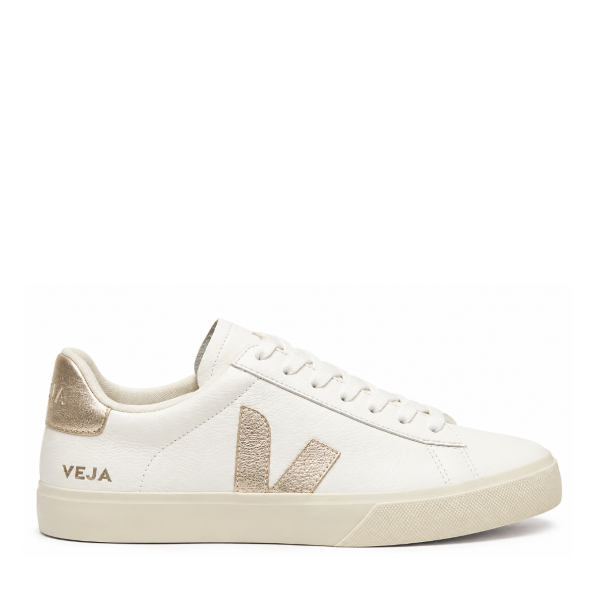 White Leather Sneakers with Beige V Logo.