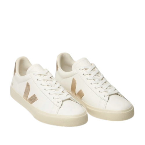 White Leather Sneakers with Beige V Logo.