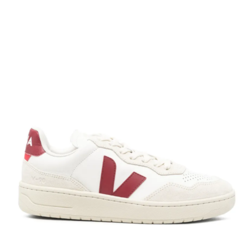 White Leather Sneakers with Burgundy V Logo.