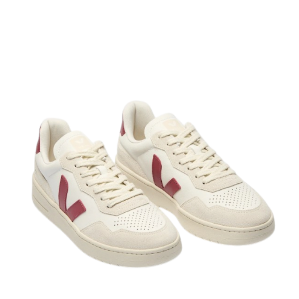 White Leather Sneakers with Burgundy V Logo.