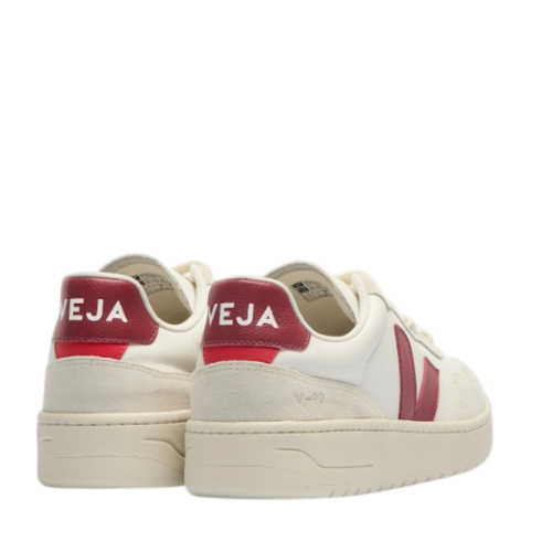 White Leather Sneakers with Burgundy V Logo.