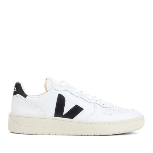 White Leather Sneakers with Black V Logo.