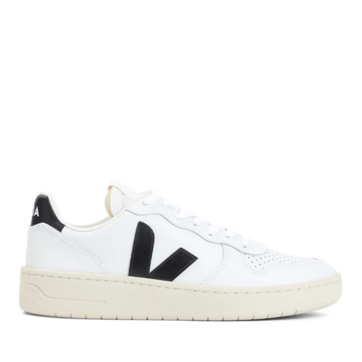 White Leather Sneakers with Black V Logo.