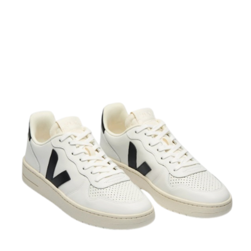 White Leather Sneakers with Black V Logo. 2