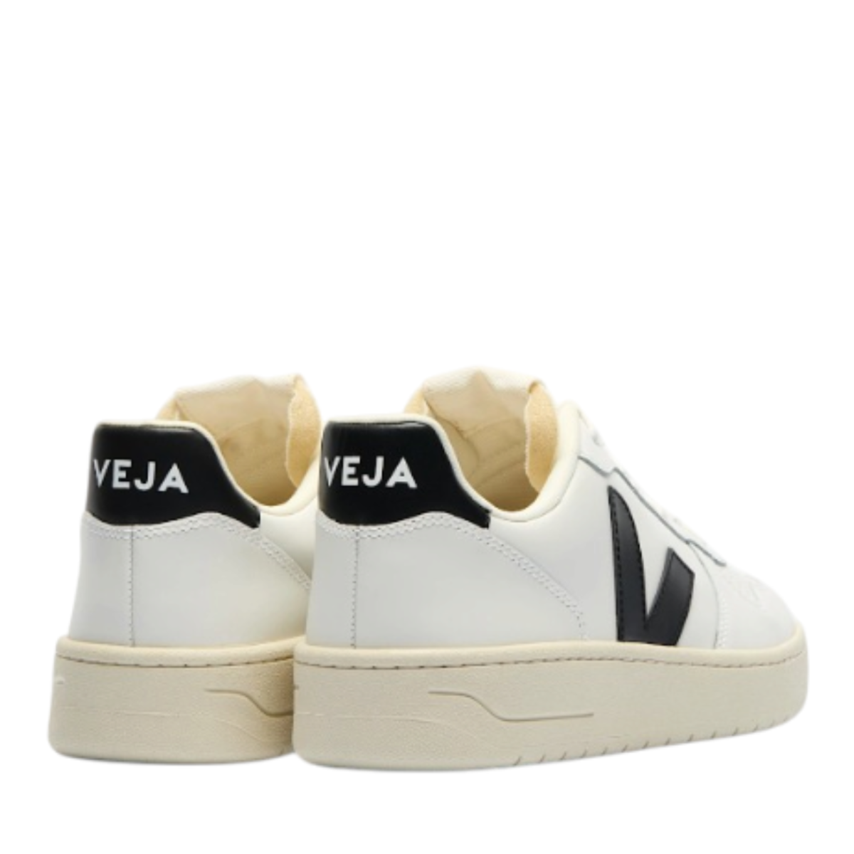 White Leather Sneakers with Black V Logo.