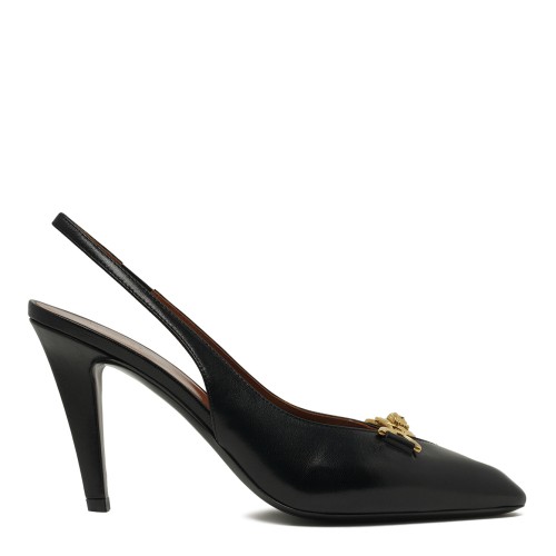 Black Leather Slingback Pumps.