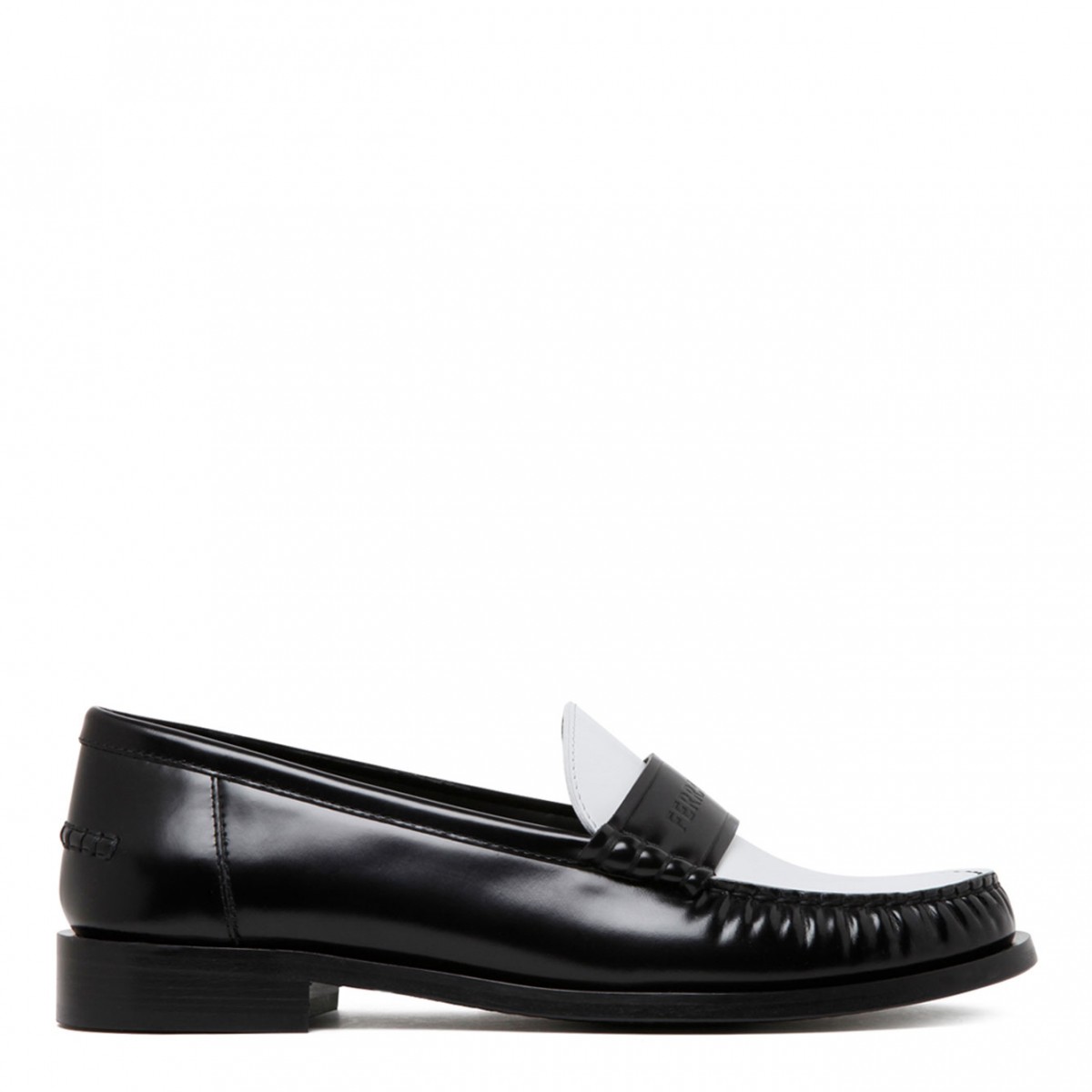 Black and White Calf Leather Debossed Logo Loafers