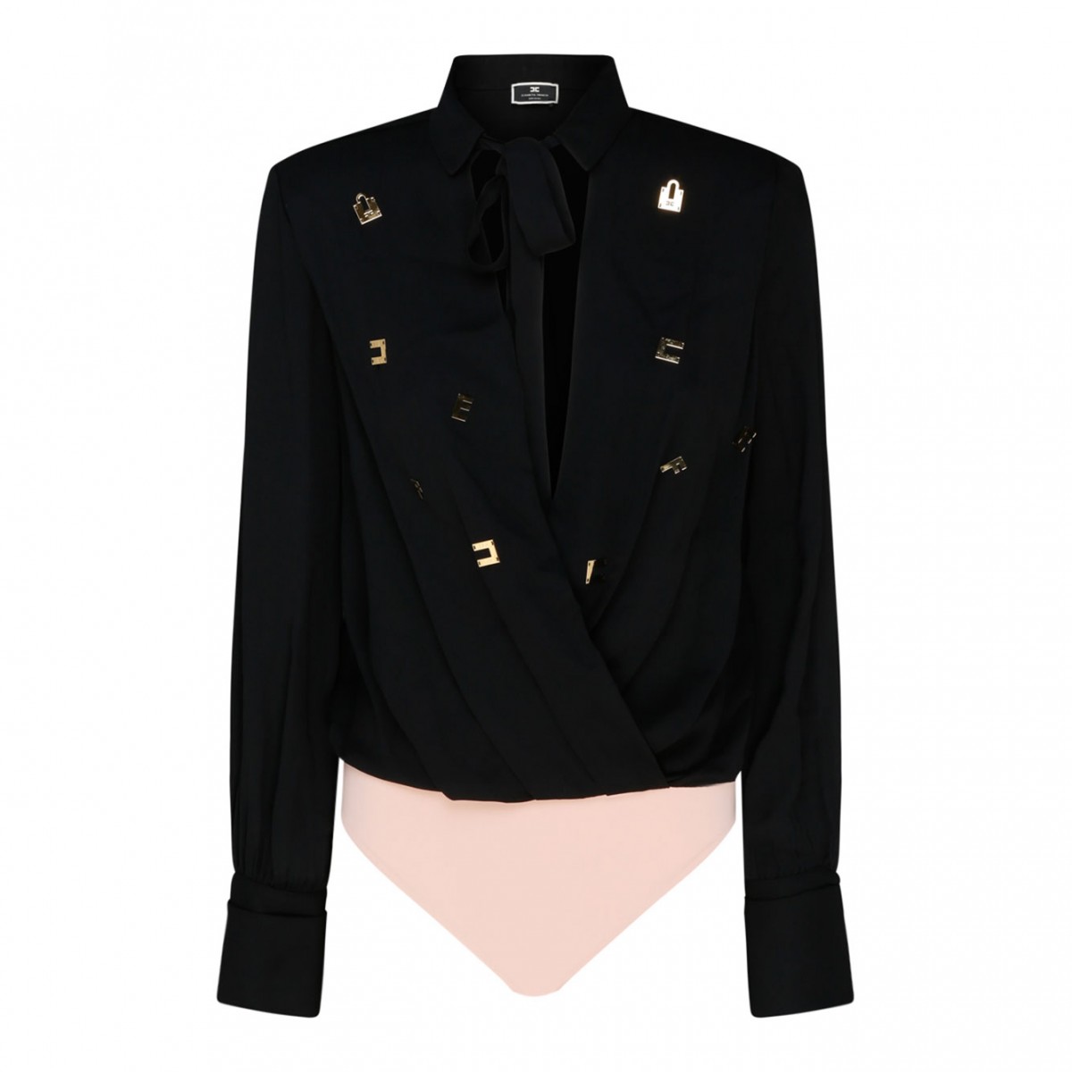 Black and Light Pink Stretch Design Long Sleeve Bodysuit