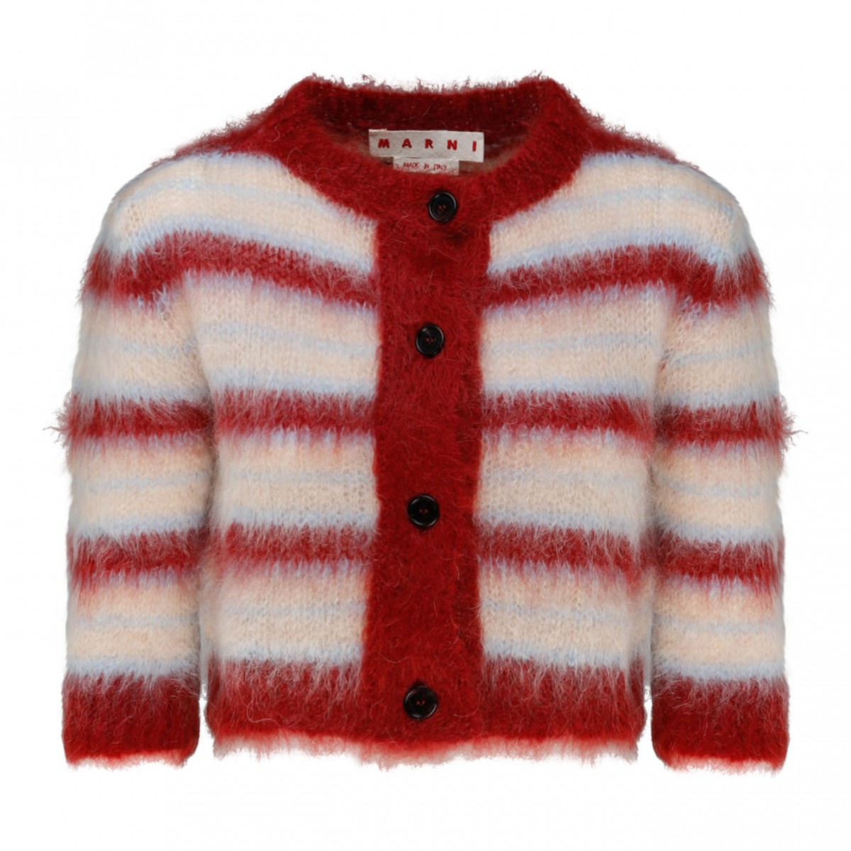 Red and White Mohair Blend Striped Button Cup Cardigan