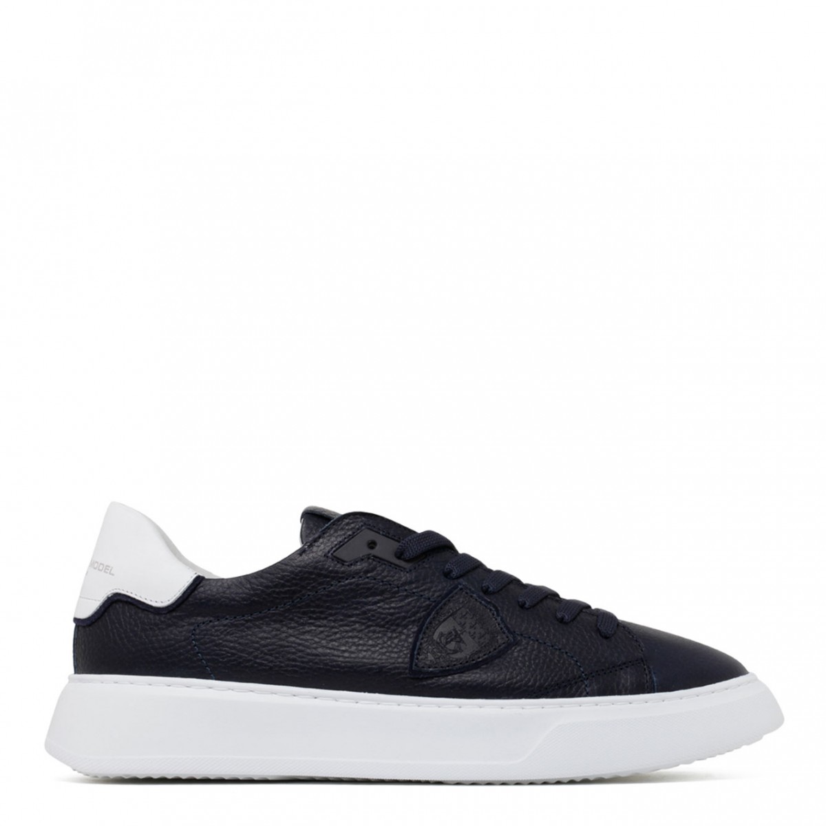 Navy Blue and White Calf Leather Temple Veau Sneakers