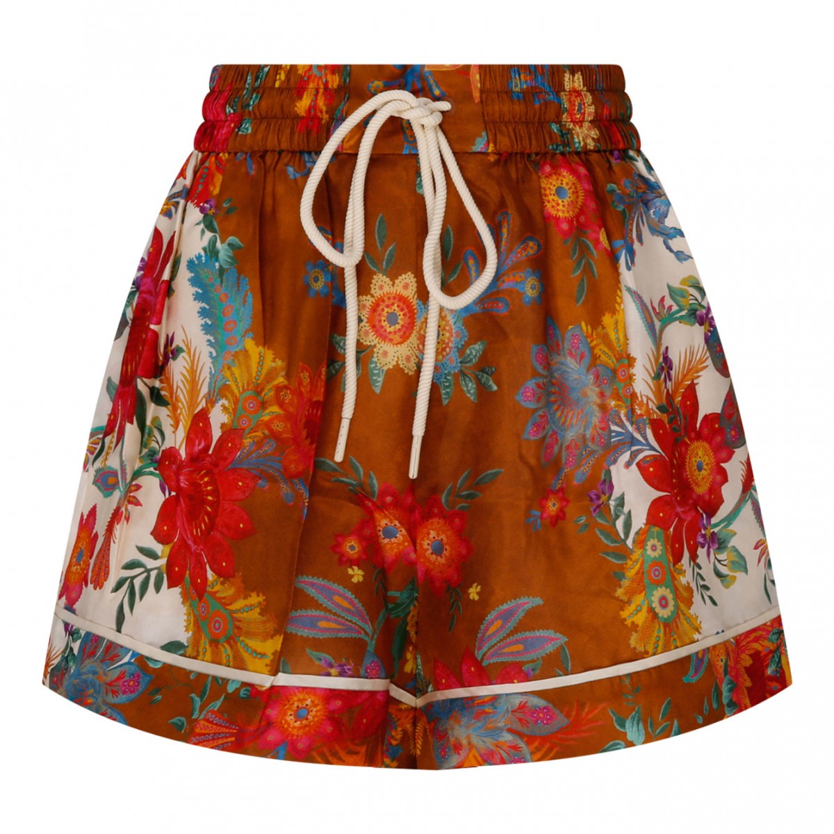 Camel Brown and Multicolour Silk Ginger Floral Print Shorts