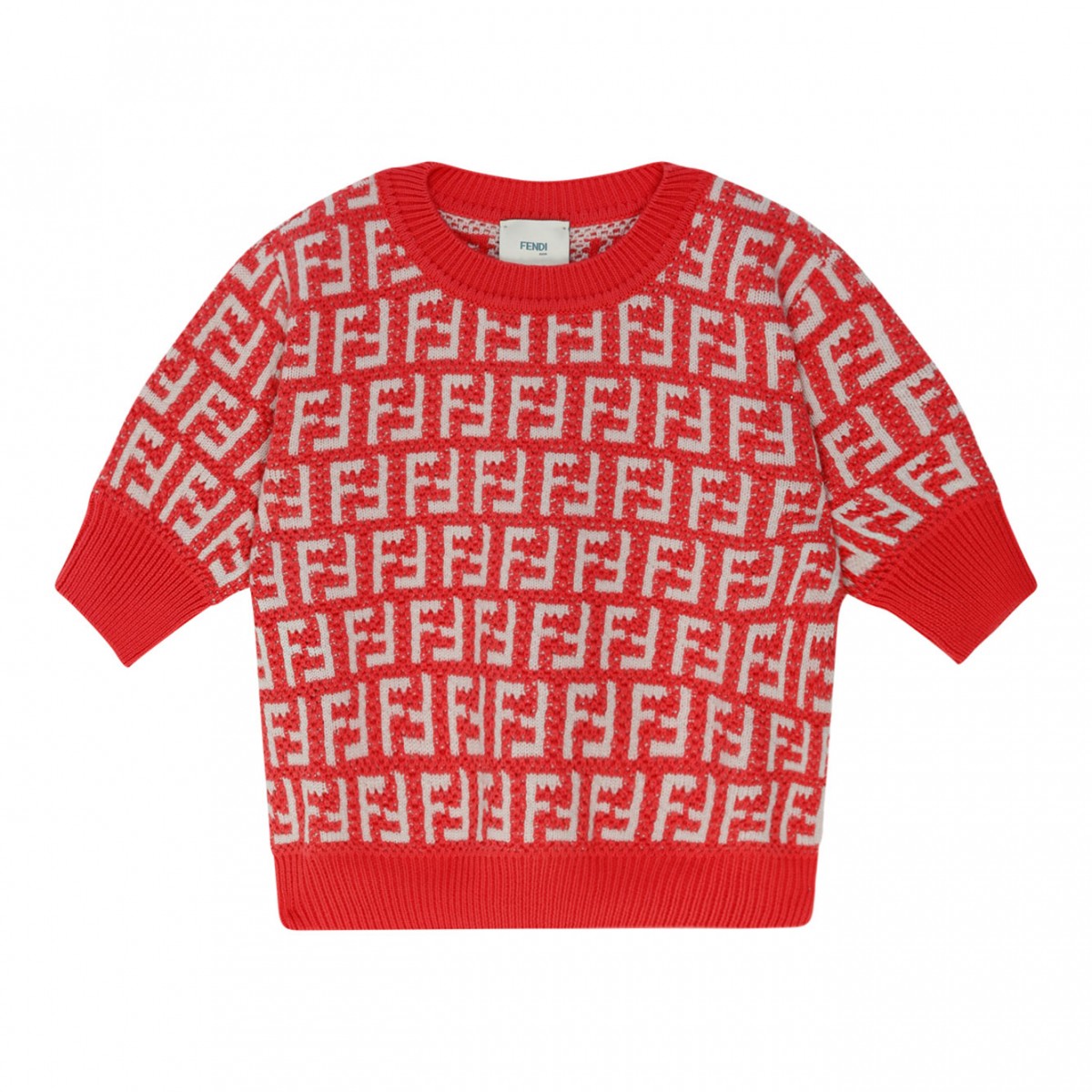 Fendi Kids Cherry Red and Beige Cotton and Wool Double F Crochet Pullover