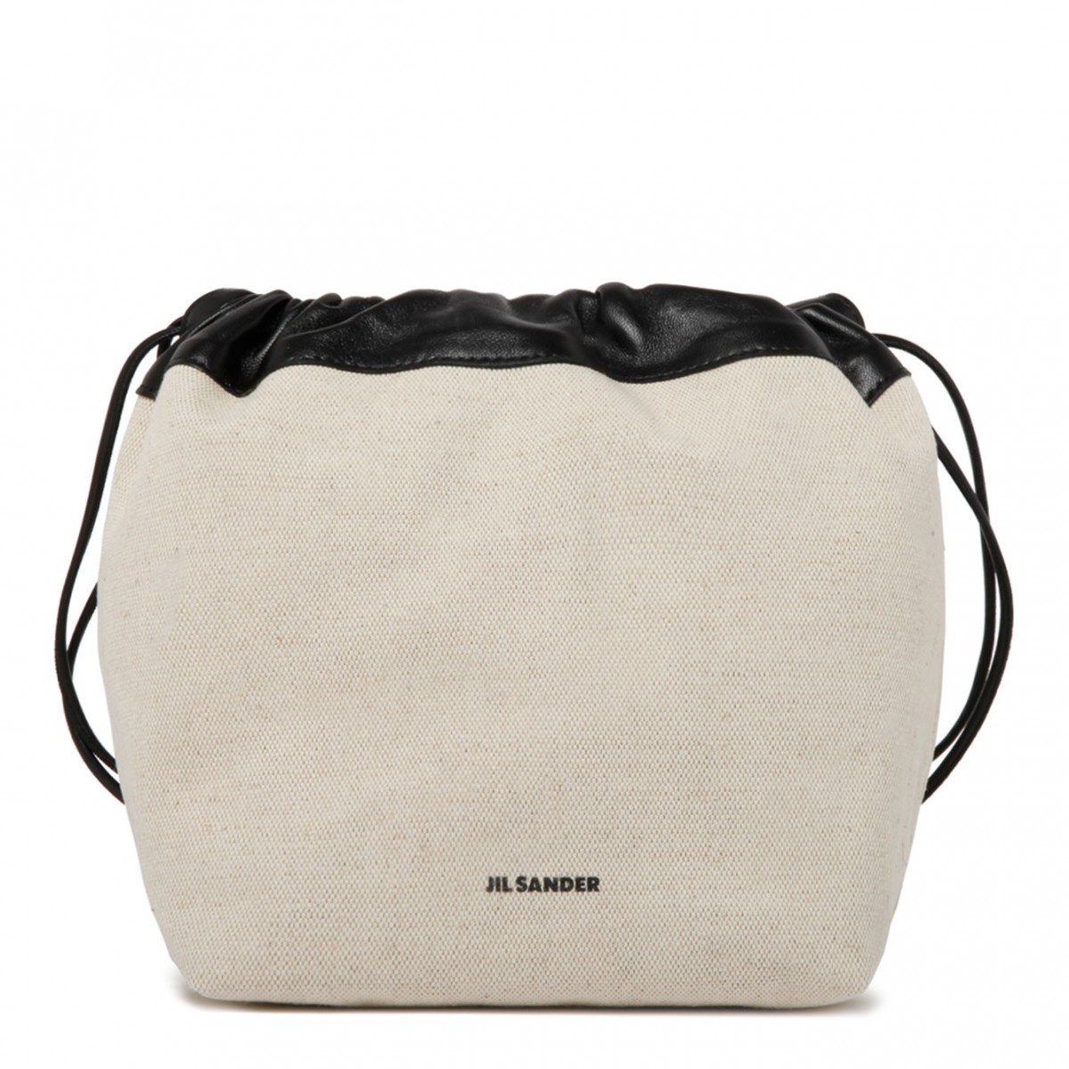 Cream White and Black Calf Leather and Cotton Bucket Bag