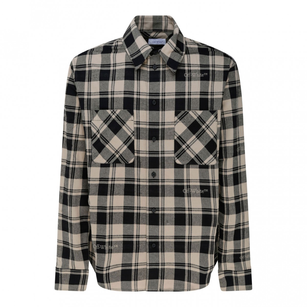 Light Beige and Black Cotton Check Print Flannel Shirt