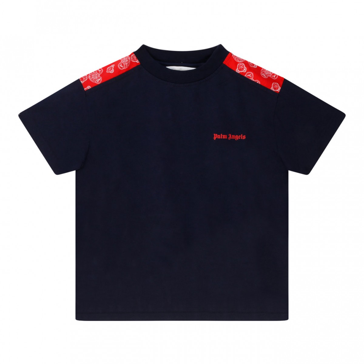 Navy Blue and Red Cotton Logo Embroidered T-Shirt