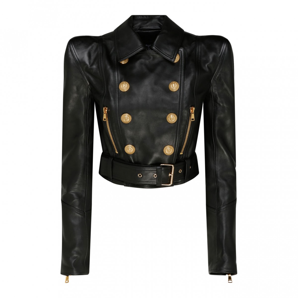 Balmain Black Leather Perfecto Cropped Jacket