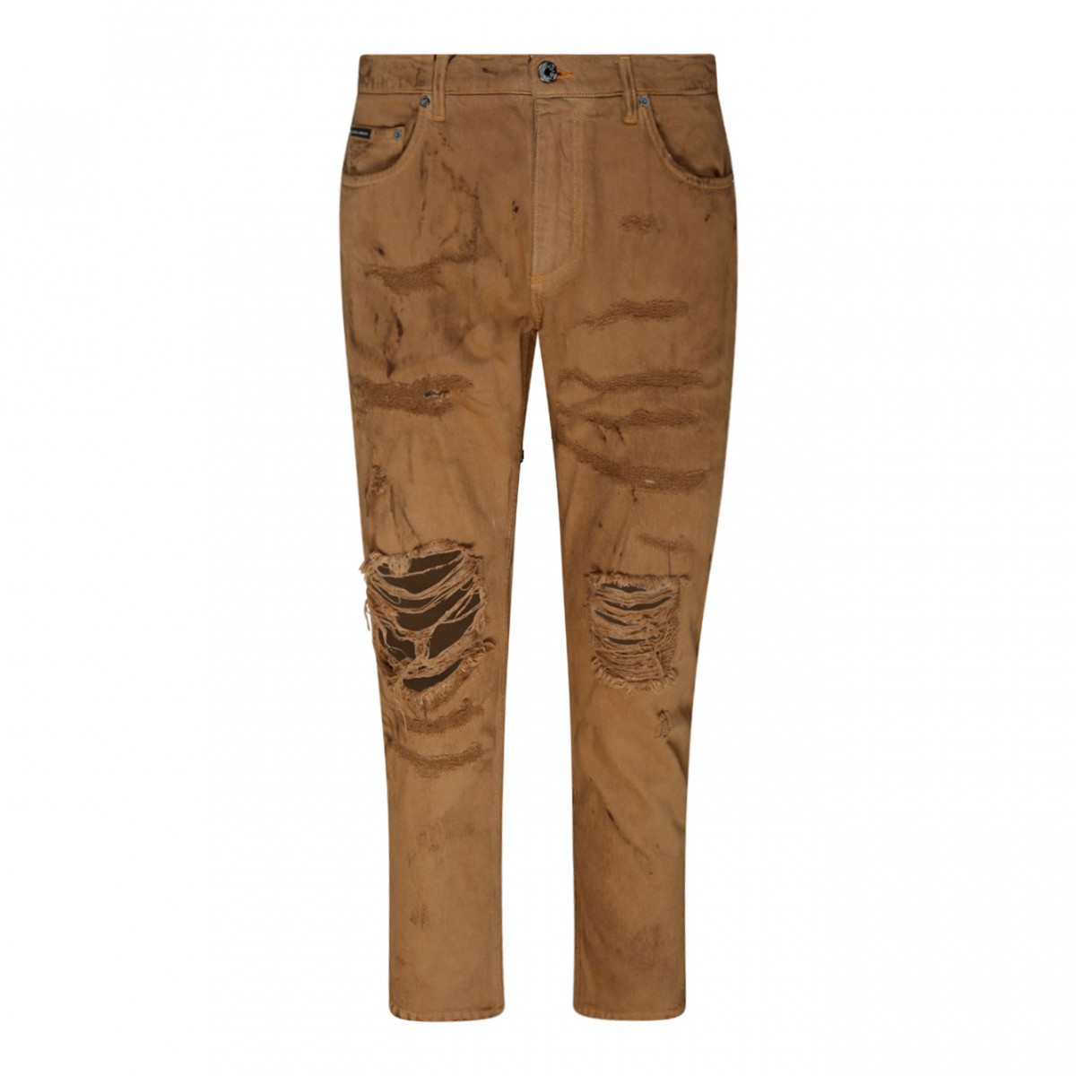 Light Brown Cotton Ripped Slim Fit Jeans