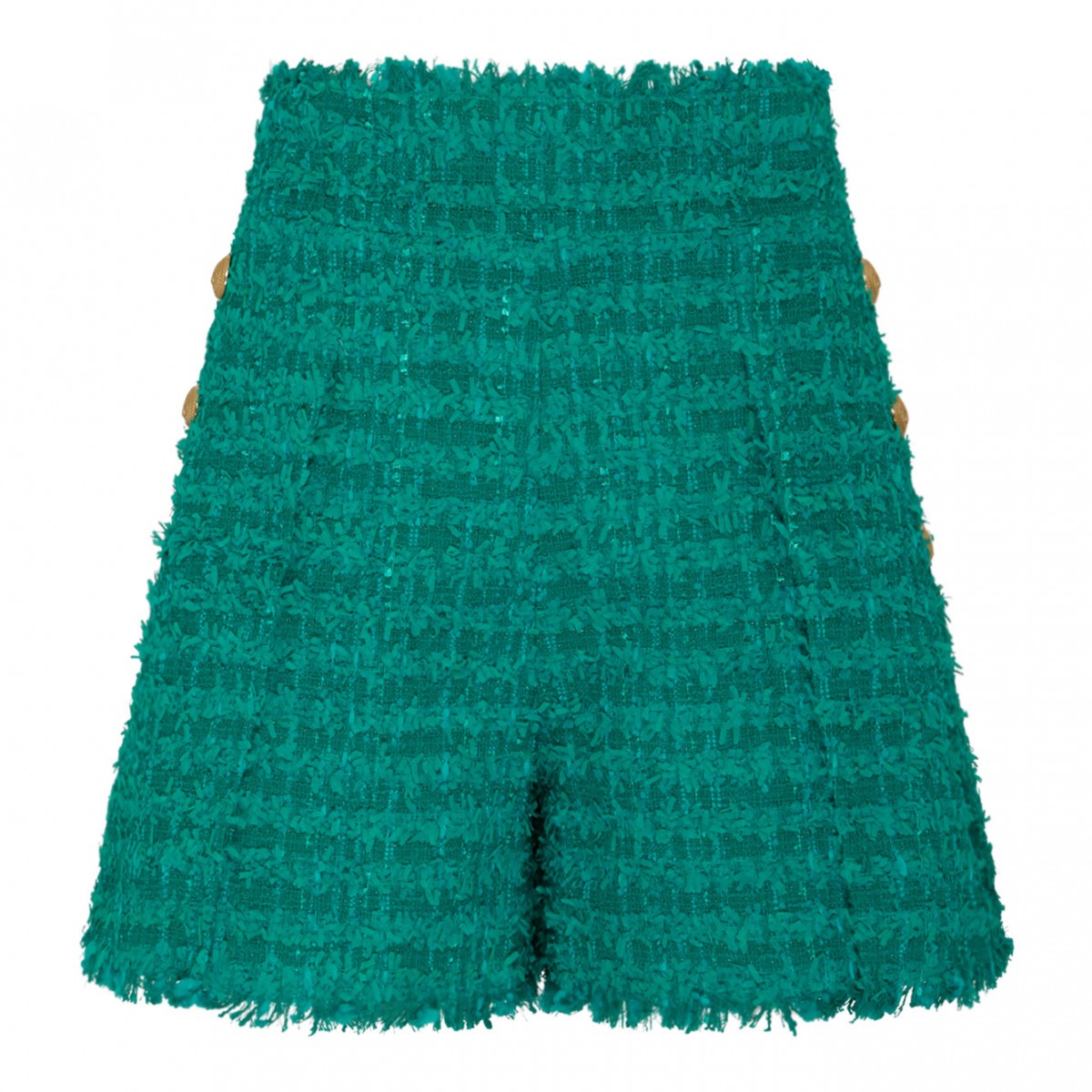 Balmain Teal Green Tweed Tailored Shorts.