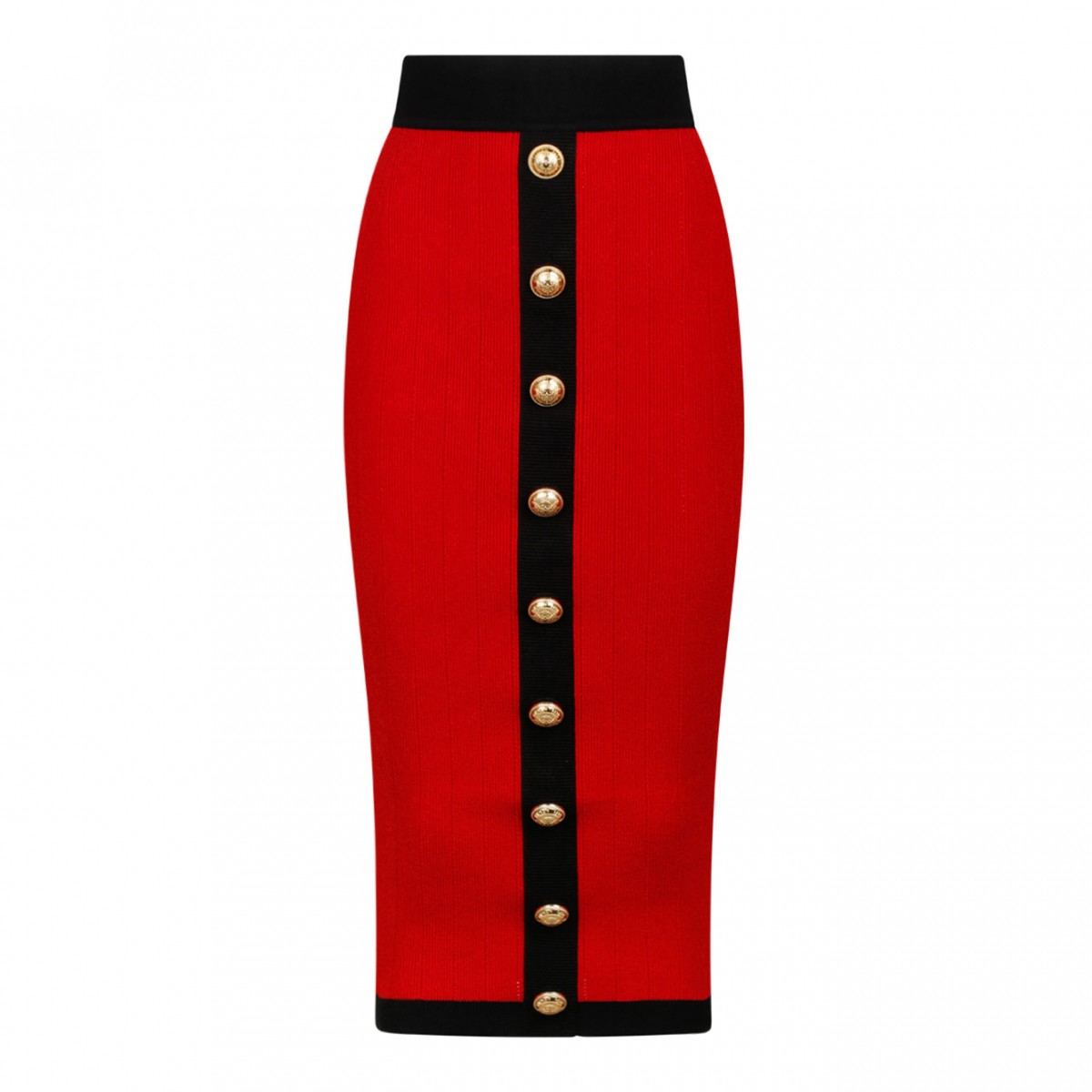 Red and Black Buttoned Knit Midi Skirt