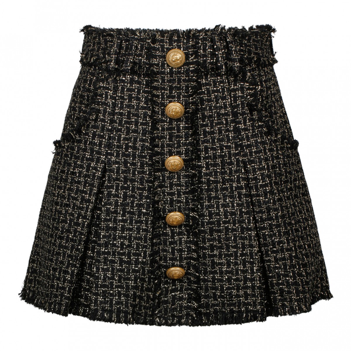 Black and Gold Tone Tweed Pleated Mini Skirt