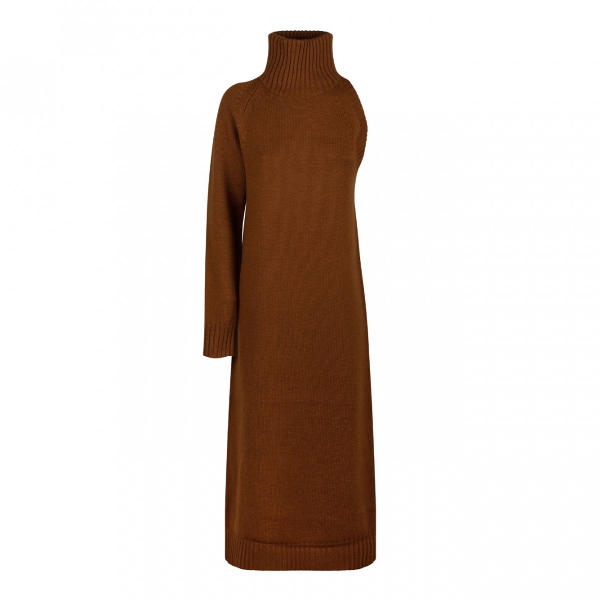 Brown Virgin Wool and Cashmere One Shoulder Dress