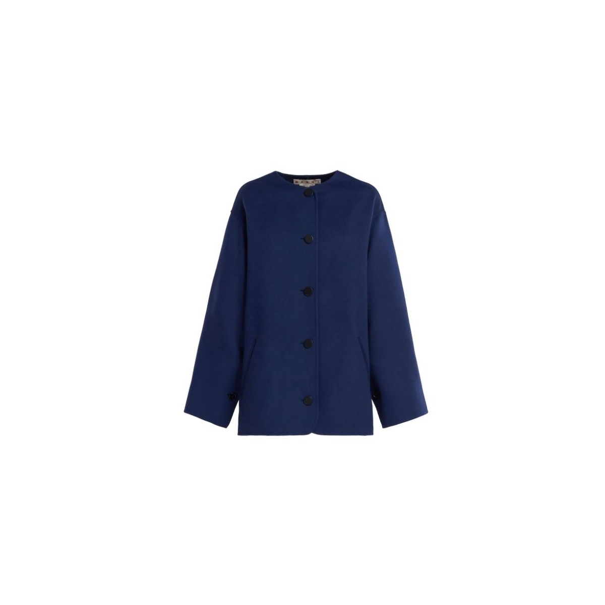 Marni Navy Blue Virgin Wool Blend Button Up Coat. 