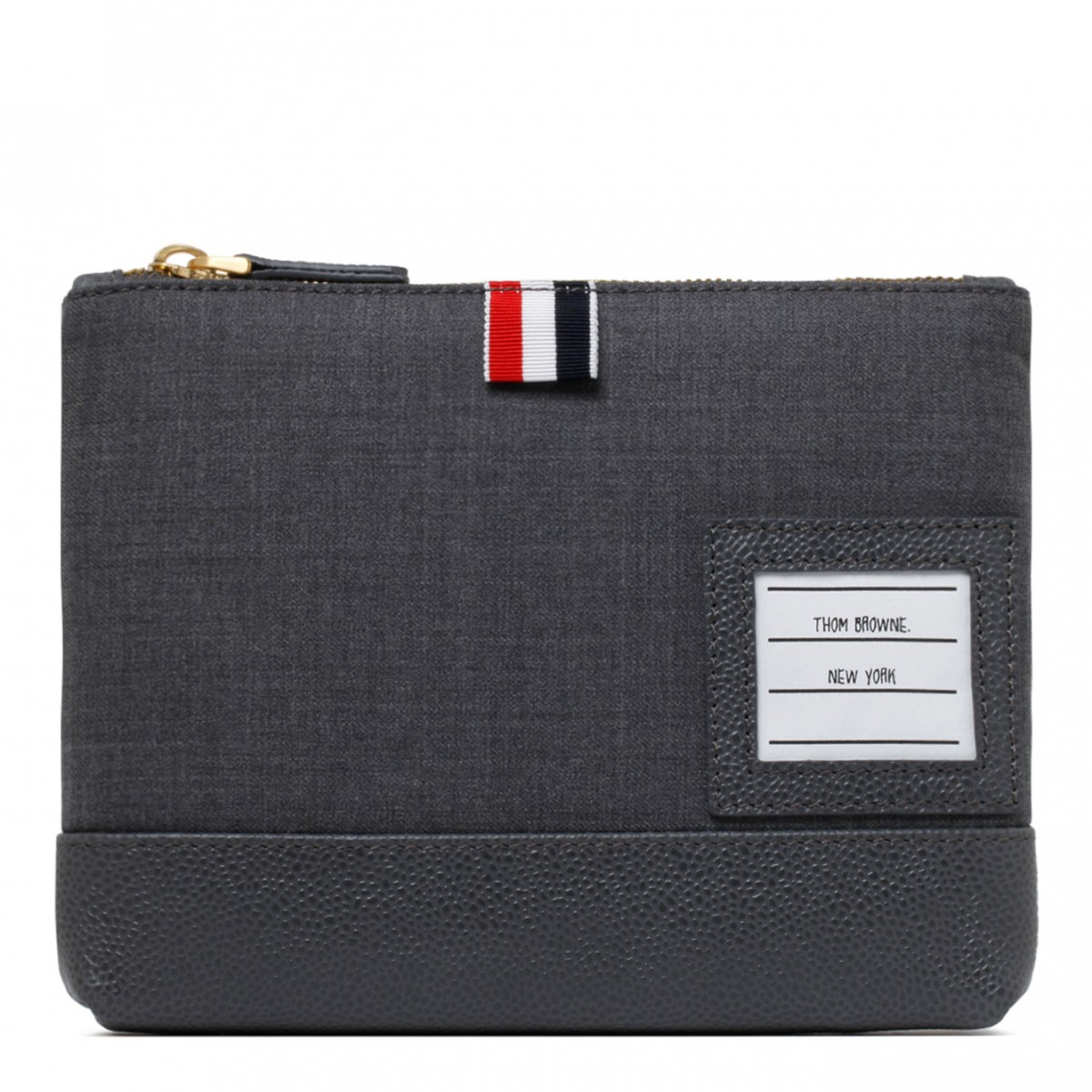 Medium Grey Wool and Leather Twill Weave Zipped Pouch
