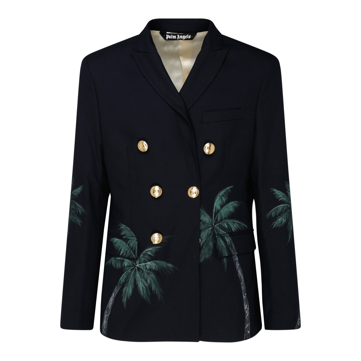 Navy Blue Wool Blend Palm Print Double Breasted Blazer