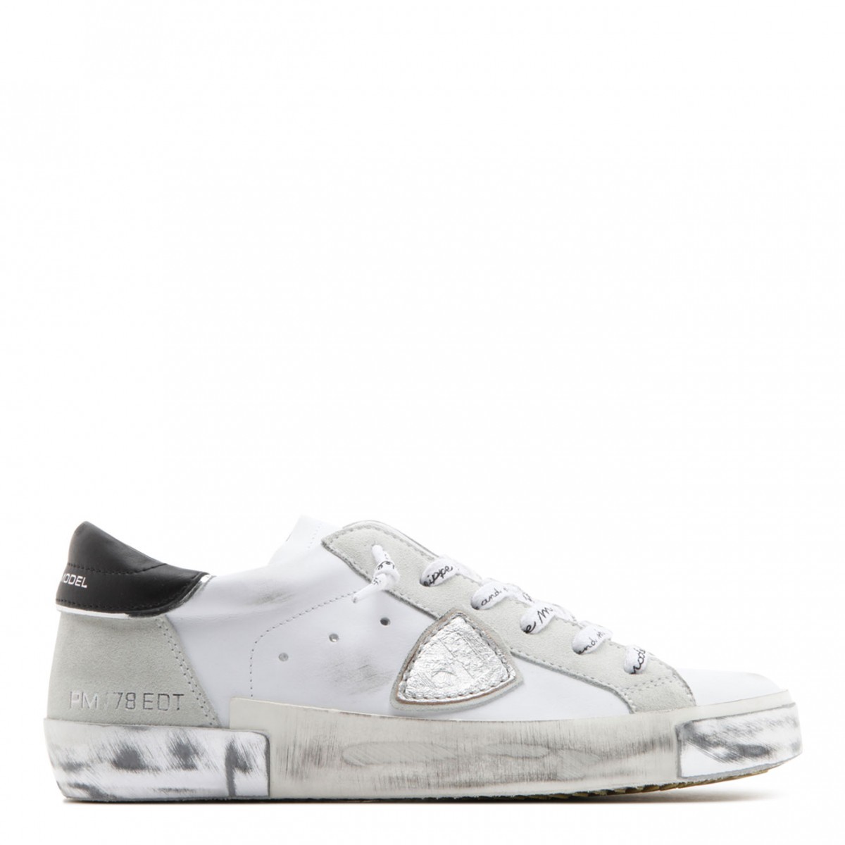 White, Silver and Black Calf Leather Low Top Sneakers