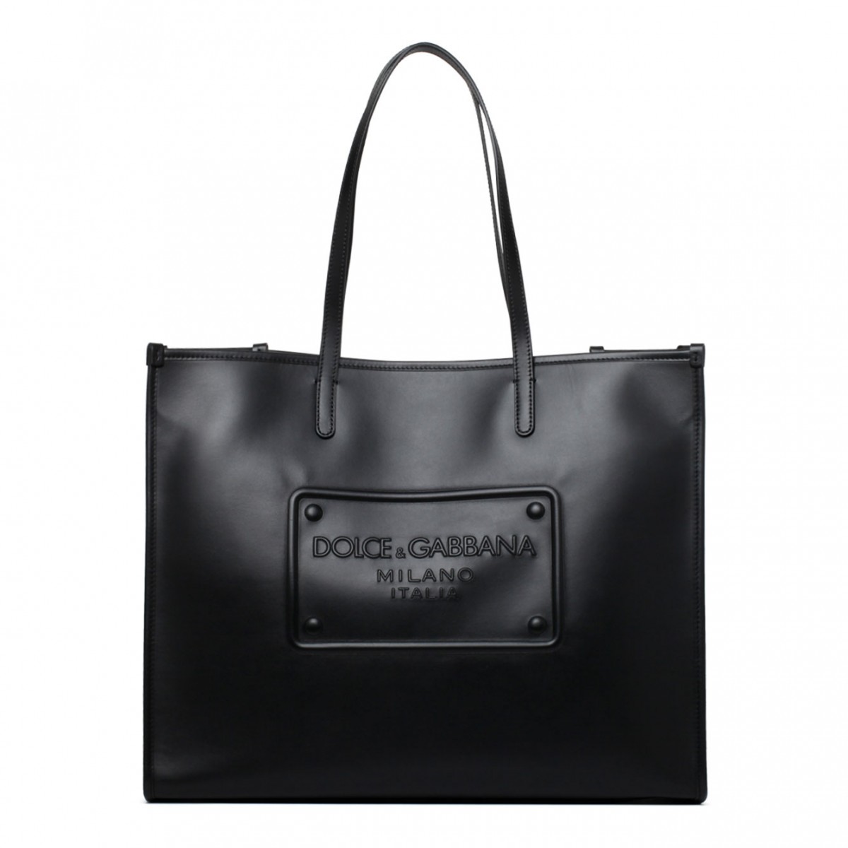 Black Calf Leather Logo Embossed Tote Bag