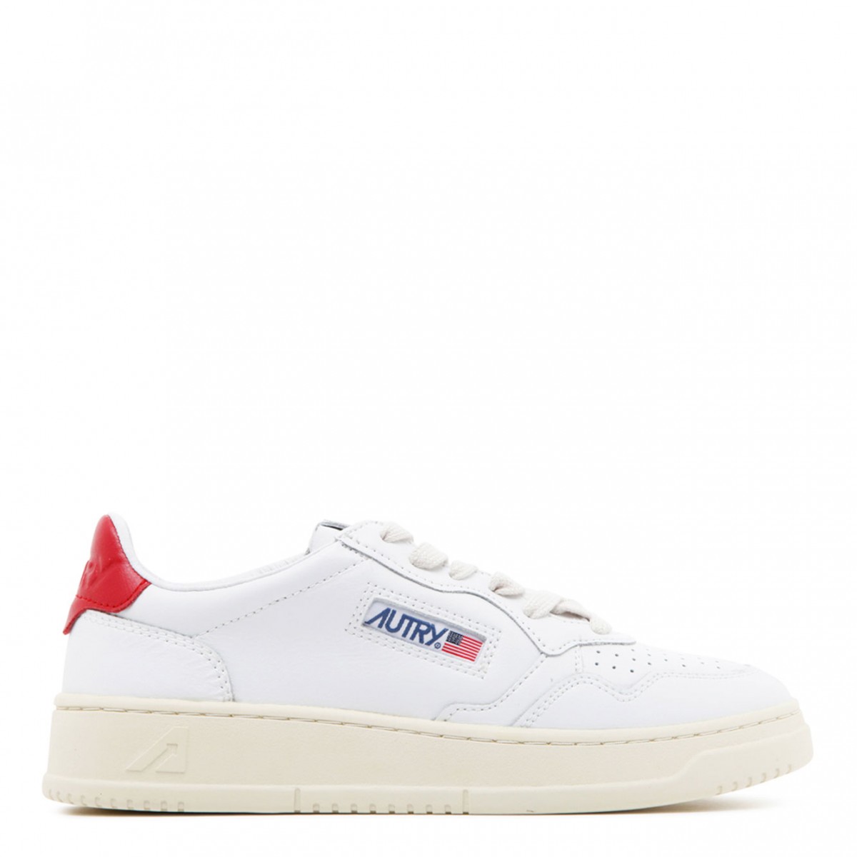 White and Red Medalist Low Top Sneakers