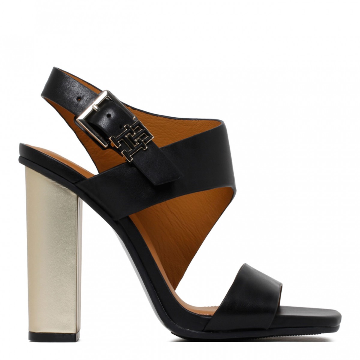 Asymmetrical Black Leather High Wide Heel Sandals