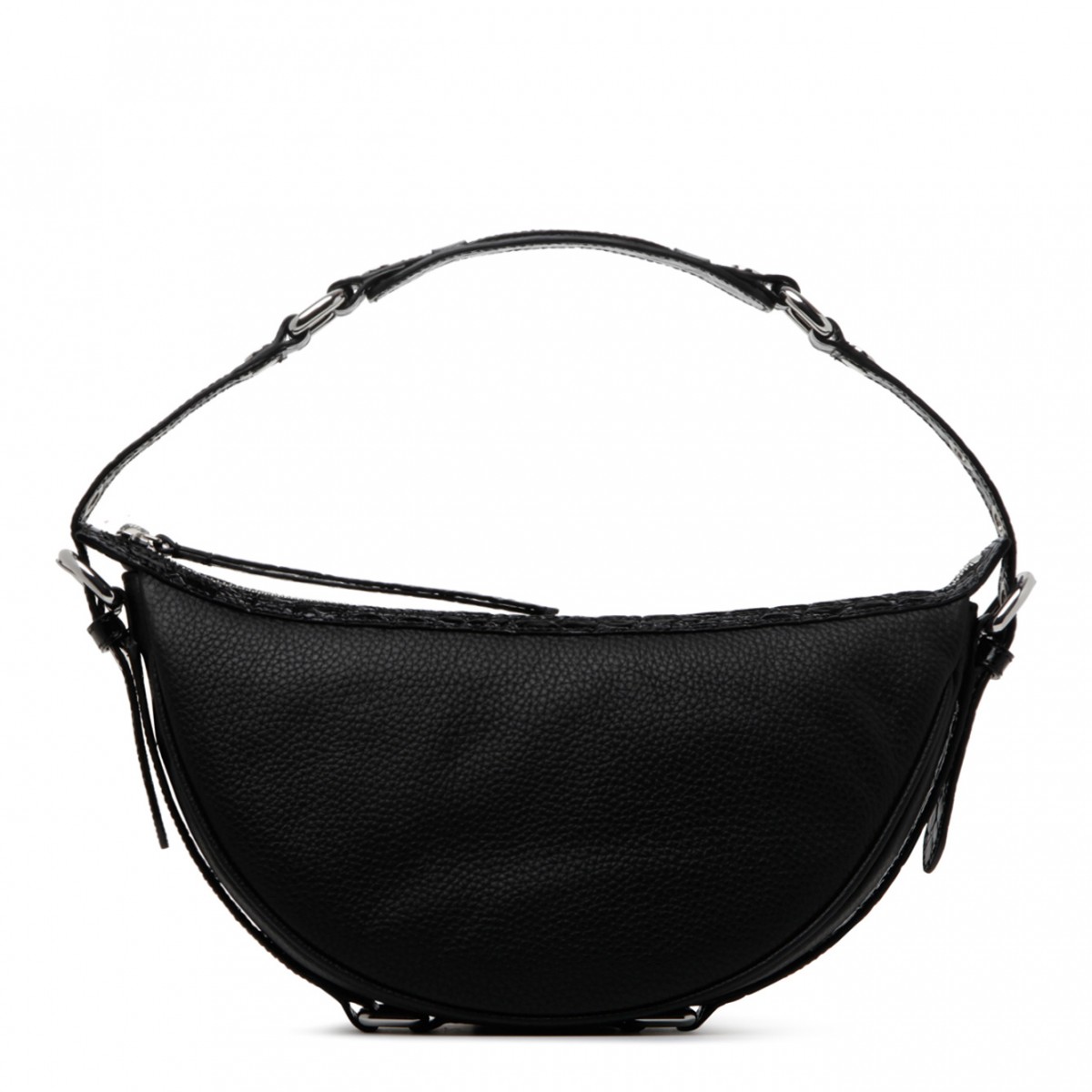Black Grained Leather Curved Shoulder Bag